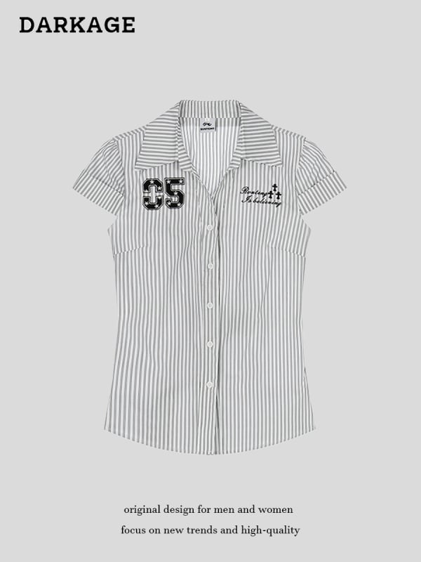 DARKAGE Αμερικανικό ρετρό καρό κοντομάνικο πουκάμισο, βαμβακερό ύφασμα, στενή γραμμή