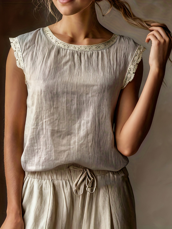 Λινό τοπ χωρίς μανίκια με δαντελένιο ένθετο, στρογγυλός λαιμός, φαρδιά γραμμή