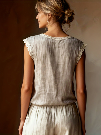 Λινό τοπ χωρίς μανίκια με δαντελένιο ένθετο, στρογγυλός λαιμός, φαρδιά γραμμή