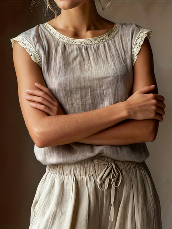 Λινό τοπ χωρίς μανίκια με δαντελένιο ένθετο, στρογγυλός λαιμός, φαρδιά γραμμή