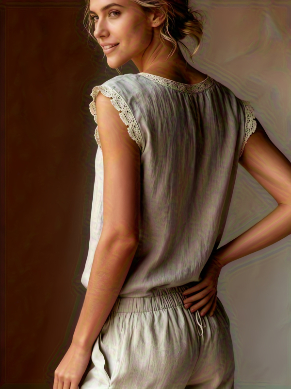 Λινό τοπ χωρίς μανίκια με δαντελένιο ένθετο, στρογγυλός λαιμός, φαρδιά γραμμή