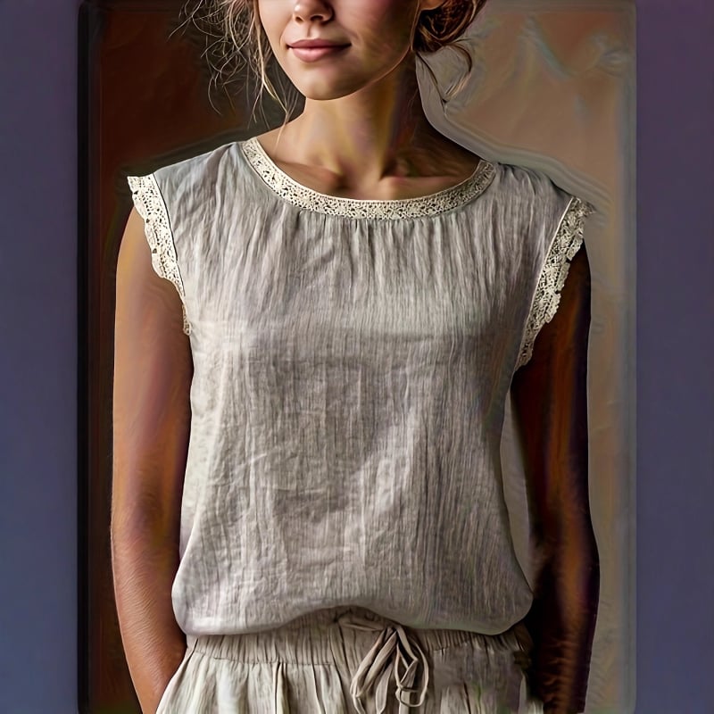 Λινό τοπ χωρίς μανίκια με δαντελένιο ένθετο, στρογγυλός λαιμός, φαρδιά γραμμή