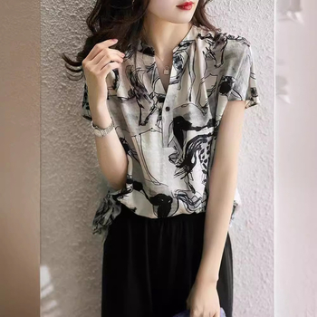 Γυναικείο πουκάμισο από chiffon, κοντά μανίκια, V-λαιμό, φλοράλ εκτύπωση, τρία κουμπιά, καλοκαιρινό ρετρό στυλ