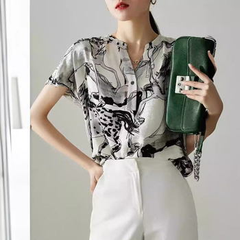 Γυναικείο πουκάμισο από chiffon, κοντά μανίκια, V-λαιμό, φλοράλ εκτύπωση, τρία κουμπιά, καλοκαιρινό ρετρό στυλ