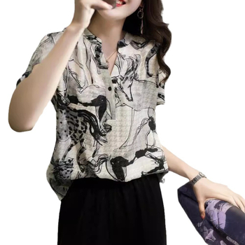 Γυναικείο πουκάμισο από chiffon, κοντά μανίκια, V-λαιμό, φλοράλ εκτύπωση, τρία κουμπιά, καλοκαιρινό ρετρό στυλ