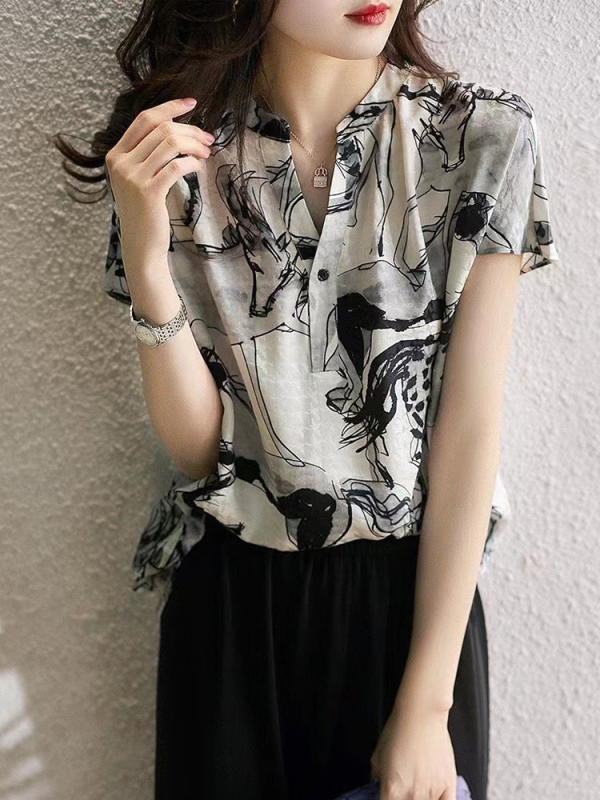 Γυναικείο πουκάμισο από chiffon, κοντά μανίκια, V-λαιμό, φλοράλ εκτύπωση, τρία κουμπιά, καλοκαιρινό ρετρό στυλ