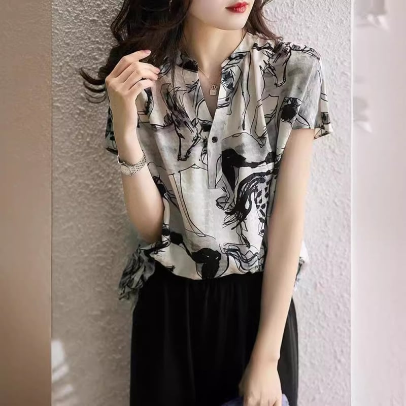 Γυναικείο πουκάμισο από chiffon, κοντά μανίκια, V-λαιμό, φλοράλ εκτύπωση, τρία κουμπιά, καλοκαιρινό ρετρό στυλ