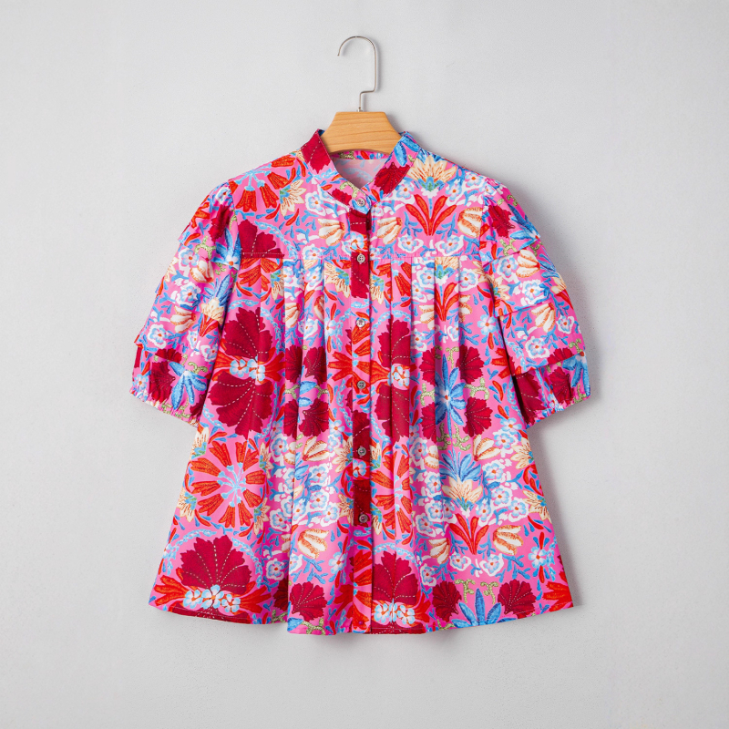 Shiying Vintage bluza s cvjetnim uzorkom, slobodan kroj, poliester bluza s ovratnikom i kratkim rukavima