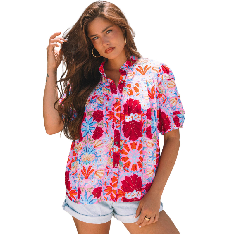 Shiying Vintage bluza s cvjetnim uzorkom, slobodan kroj, poliester bluza s ovratnikom i kratkim rukavima