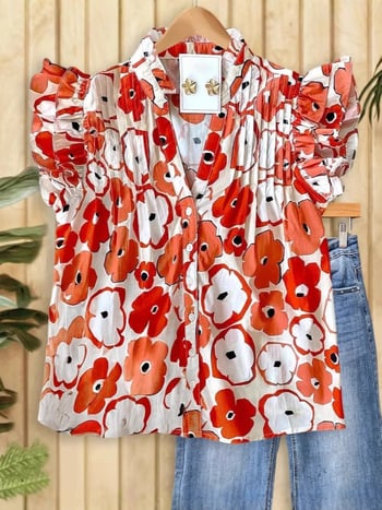 Ženska bluza s floralnim i prugastim uzorkom, stojeći ovratnik, plisirani i flutter rukavi - pamuk-poliester smjesa s elastanom, 3D uzorak