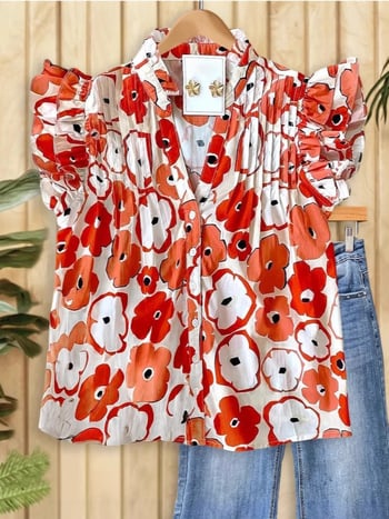 Ženska bluza s floralnim i prugastim uzorkom, stojeći ovratnik, plisirani i flutter rukavi - pamuk-poliester smjesa s elastanom, 3D uzorak