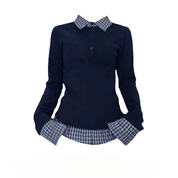 Košul-polo s kontrastnim ovratnikom, 3D karirani patchwork, dugi rukavi, lažni dvodijelni izgled, srednja duljina