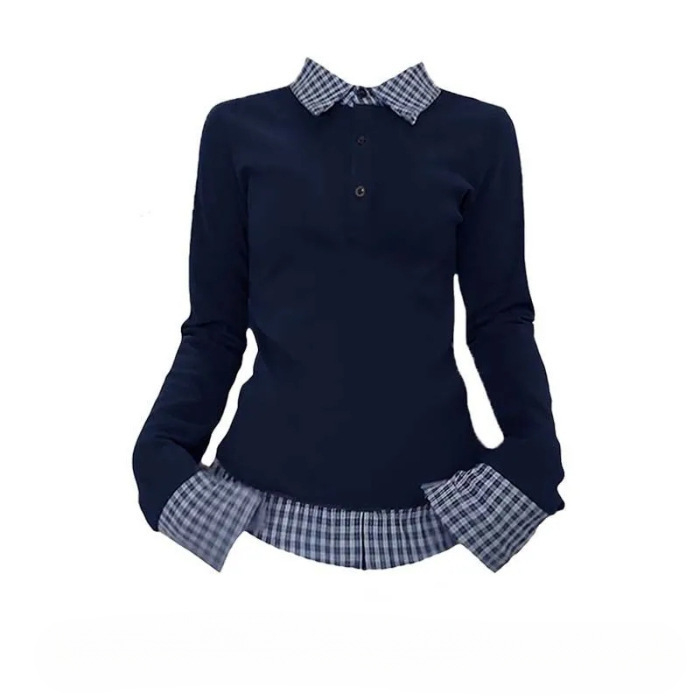 Košul-polo s kontrastnim ovratnikom, 3D karirani patchwork, dugi rukavi, lažni dvodijelni izgled, srednja duljina