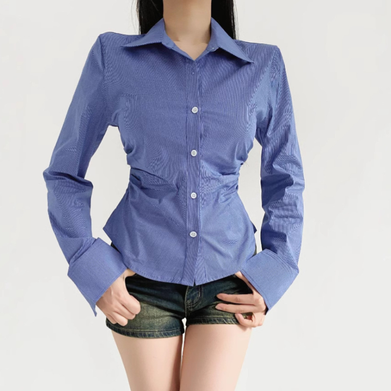 Ženska uska košulja s dugim rukavima, karirani uzorak, V-izrez, pull-over stil zatvaranja, kratka duljina