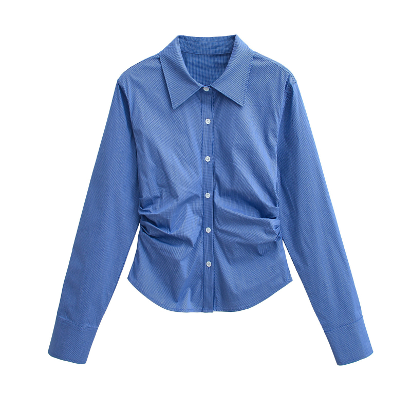 Ženska uska košulja s dugim rukavima, karirani uzorak, V-izrez, pull-over stil zatvaranja, kratka duljina