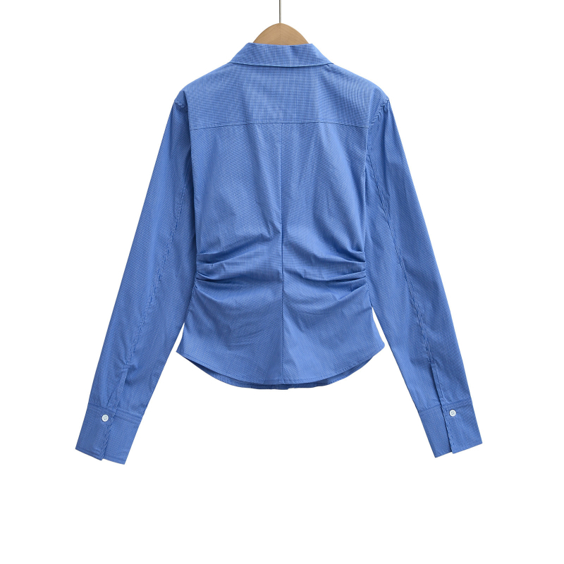 Ženska uska košulja s dugim rukavima, karirani uzorak, V-izrez, pull-over stil zatvaranja, kratka duljina