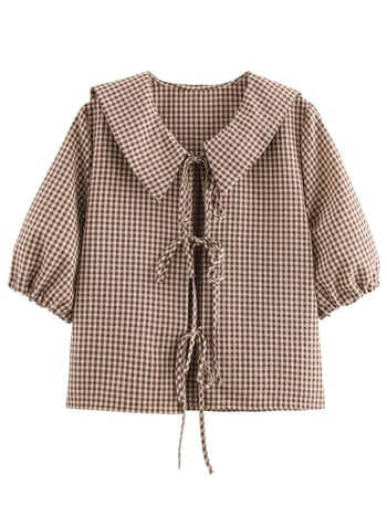 Ženska košulja s kariranim uzorkom, poliestersko-elastanska smjesa, uski kroj, kratki rukavi, kopčanje na vezice