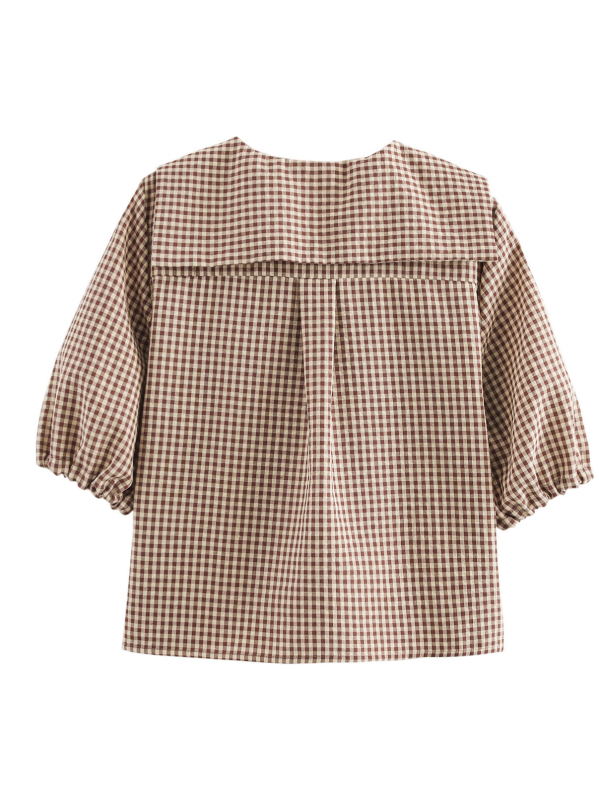 Ženska košulja s kariranim uzorkom, poliestersko-elastanska smjesa, uski kroj, kratki rukavi, kopčanje na vezice