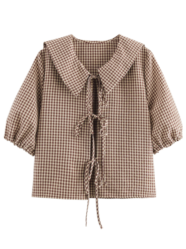 Ženska košulja s kariranim uzorkom, poliestersko-elastanska smjesa, uski kroj, kratki rukavi, kopčanje na vezice