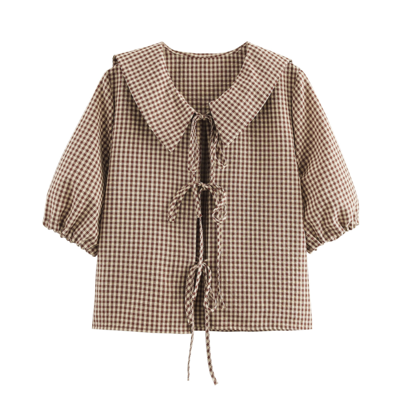 Ženska košulja s kariranim uzorkom, poliestersko-elastanska smjesa, uski kroj, kratki rukavi, kopčanje na vezice