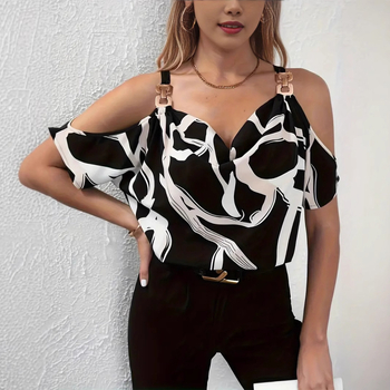 Ženska bluza s V izrezom, kratki rukavi, apstraktni geometrijski otisak, poliester tkanina, slim fit