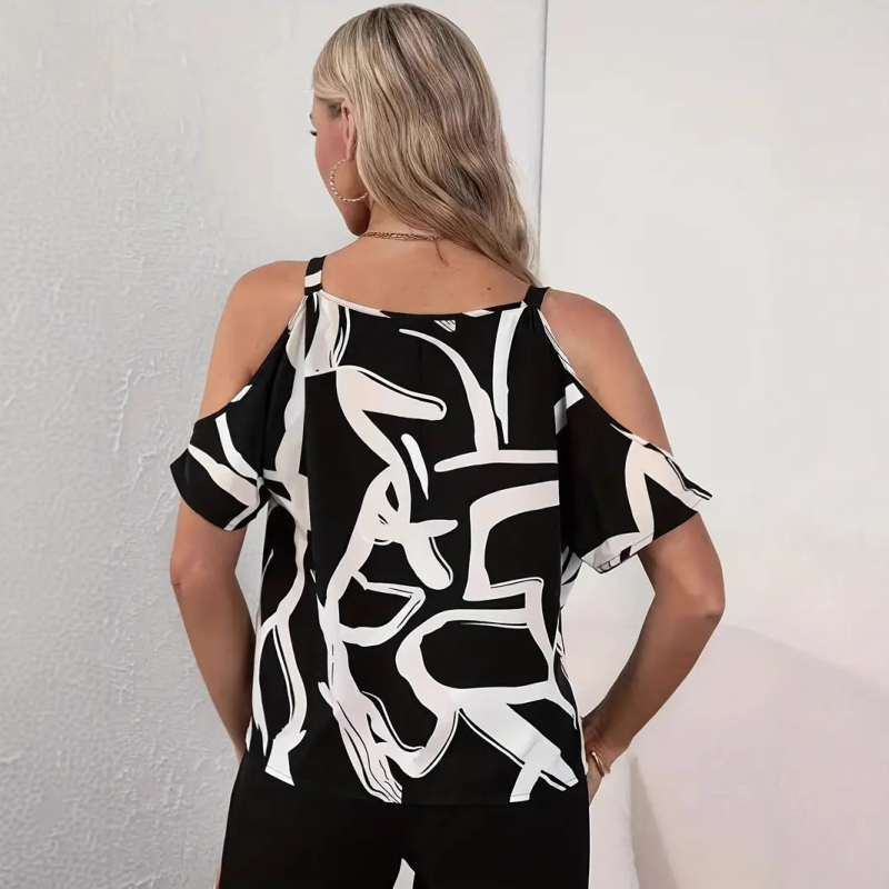Ženska bluza s V izrezom, kratki rukavi, apstraktni geometrijski otisak, poliester tkanina, slim fit