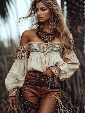 Ženska ljetna košulja s boho otiskom, off-shoulder, kratke rukave, slub pamuk, 95% pamuk