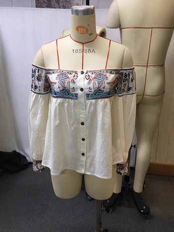 Ženska ljetna košulja s boho otiskom, off-shoulder, kratke rukave, slub pamuk, 95% pamuk