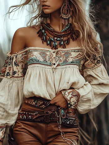 Ženska ljetna košulja s boho otiskom, off-shoulder, kratke rukave, slub pamuk, 95% pamuk