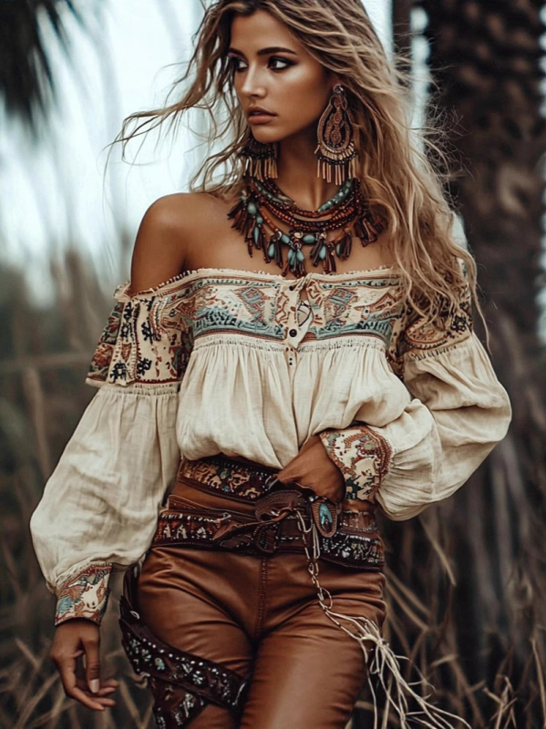 Ženska ljetna košulja s boho otiskom, off-shoulder, kratke rukave, slub pamuk, 95% pamuk