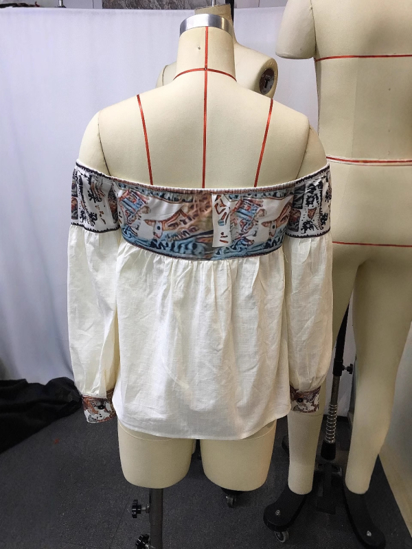 Ženska ljetna košulja s boho otiskom, off-shoulder, kratke rukave, slub pamuk, 95% pamuk