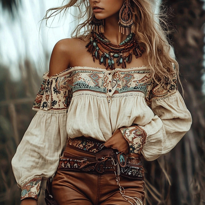 Ženska ljetna košulja s boho otiskom, off-shoulder, kratke rukave, slub pamuk, 95% pamuk