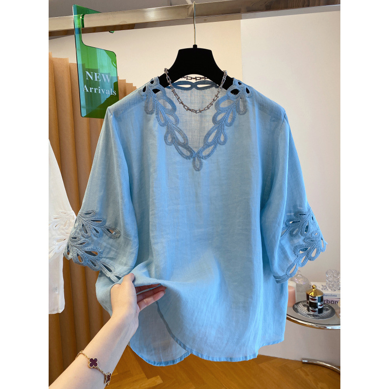 Košulja od pamuk-linen smjese, kratki rukavi, okrugli ovratnik, ravni kroj, glavno vlakno 95%+.