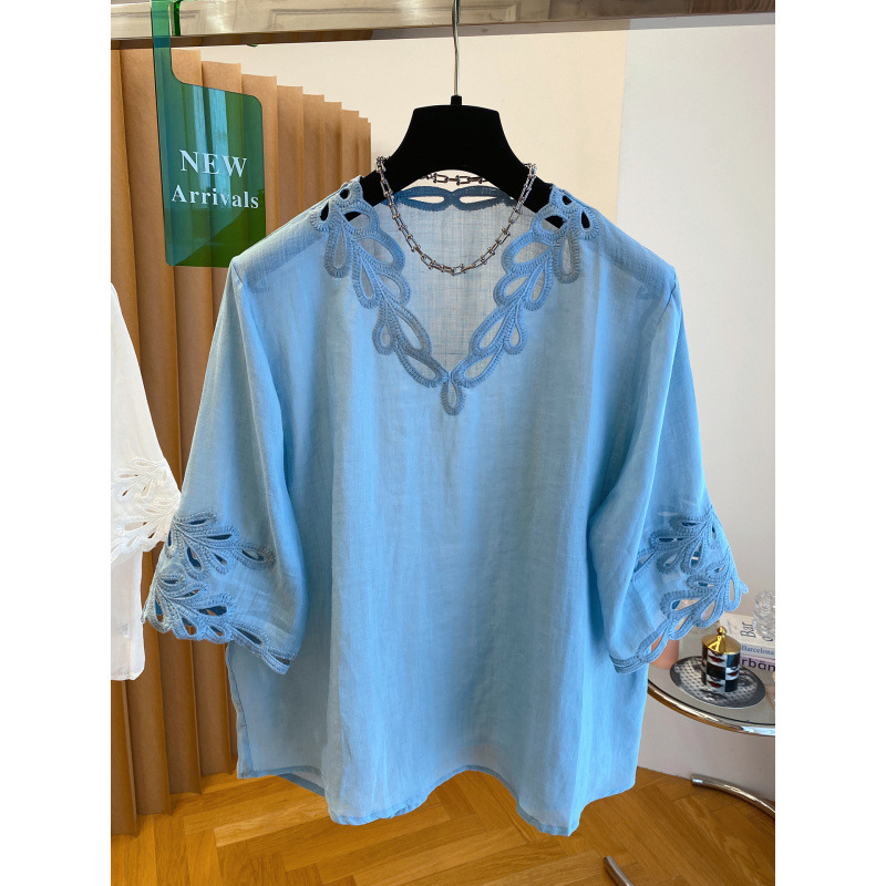Košulja od pamuk-linen smjese, kratki rukavi, okrugli ovratnik, ravni kroj, glavno vlakno 95%+.