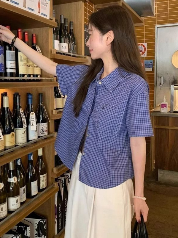 Риза с японски стил поло яка, каре шарка, полиестерна материя, свободен силует, къси ръкави