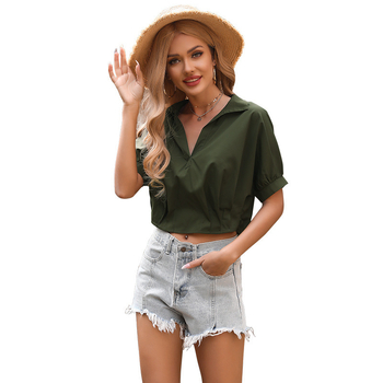 Košulja s kratkim rukavima i reverom, uski kroj, poliester, patchwork dizajn, jednobojna, casual stil