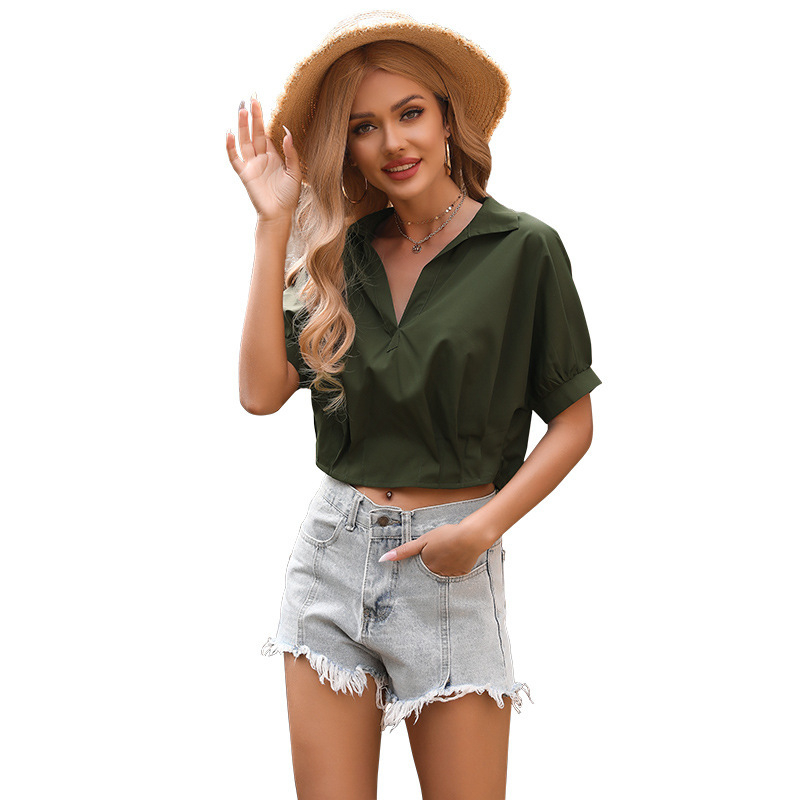 Košulja s kratkim rukavima i reverom, uski kroj, poliester, patchwork dizajn, jednobojna, casual stil