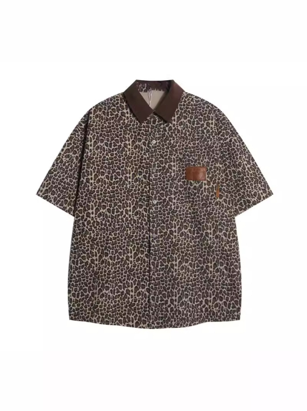 Košulja s leopard uzorkom, kratki rukavi, košulni ovratnik, slobodan kroj, poliester