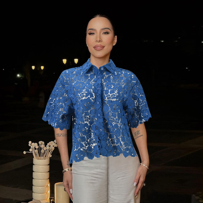 Ženska čipkasta bluza s kratkim rukavima, prozirna s izvezenim detaljem, stil cardigan/poslovna odjeća, mješavina poliester/spandeksa