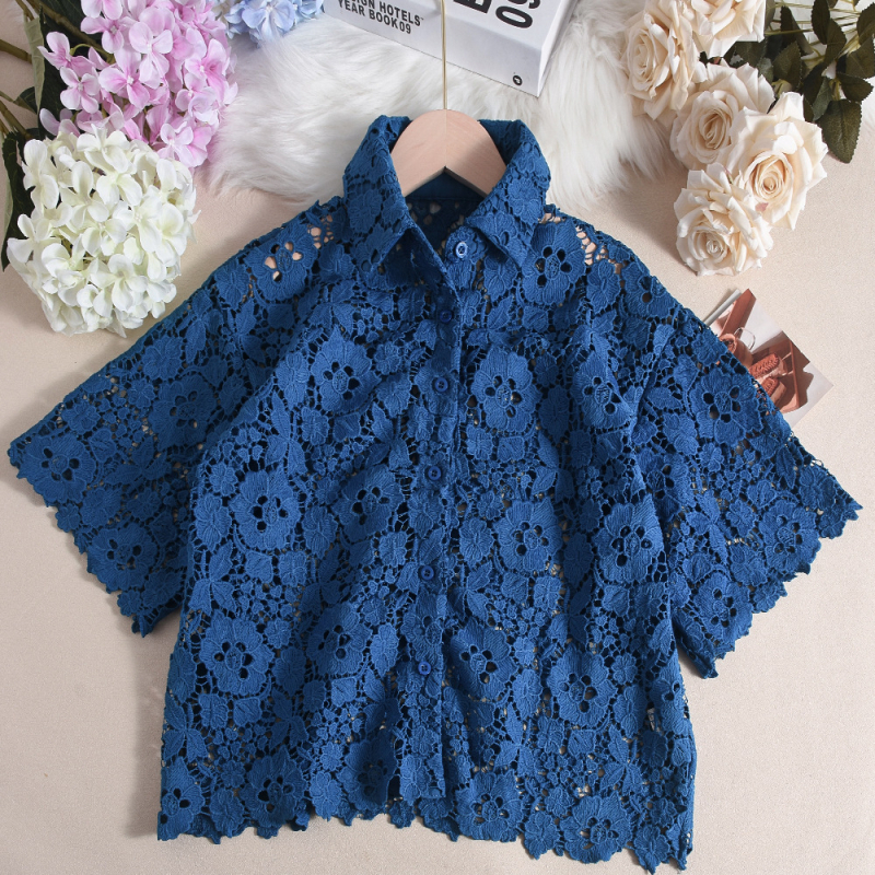 Ženska čipkasta bluza s kratkim rukavima, prozirna s izvezenim detaljem, stil cardigan/poslovna odjeća, mješavina poliester/spandeksa