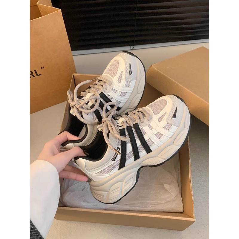 Ženske tenisice u korejskom stilu Dad Shoes s debelim potplatom, mrežasti gornji dio, zaobljeni vrh, vezanje sprijeda, srednje visoka peta 3–5 cm
