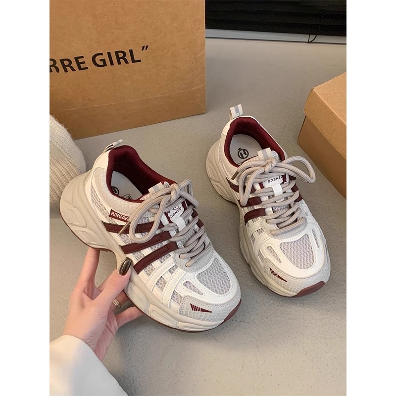 Ženske tenisice u korejskom stilu Dad Shoes s debelim potplatom, mrežasti gornji dio, zaobljeni vrh, vezanje sprijeda, srednje visoka peta 3–5 cm