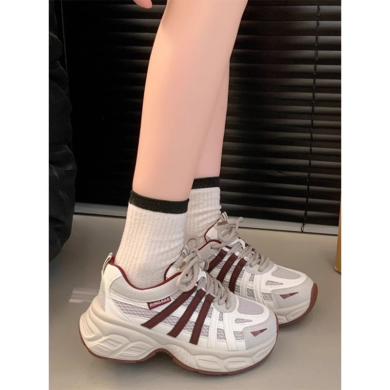 Ženske tenisice u korejskom stilu Dad Shoes s debelim potplatom, mrežasti gornji dio, zaobljeni vrh, vezanje sprijeda, srednje visoka peta 3–5 cm
