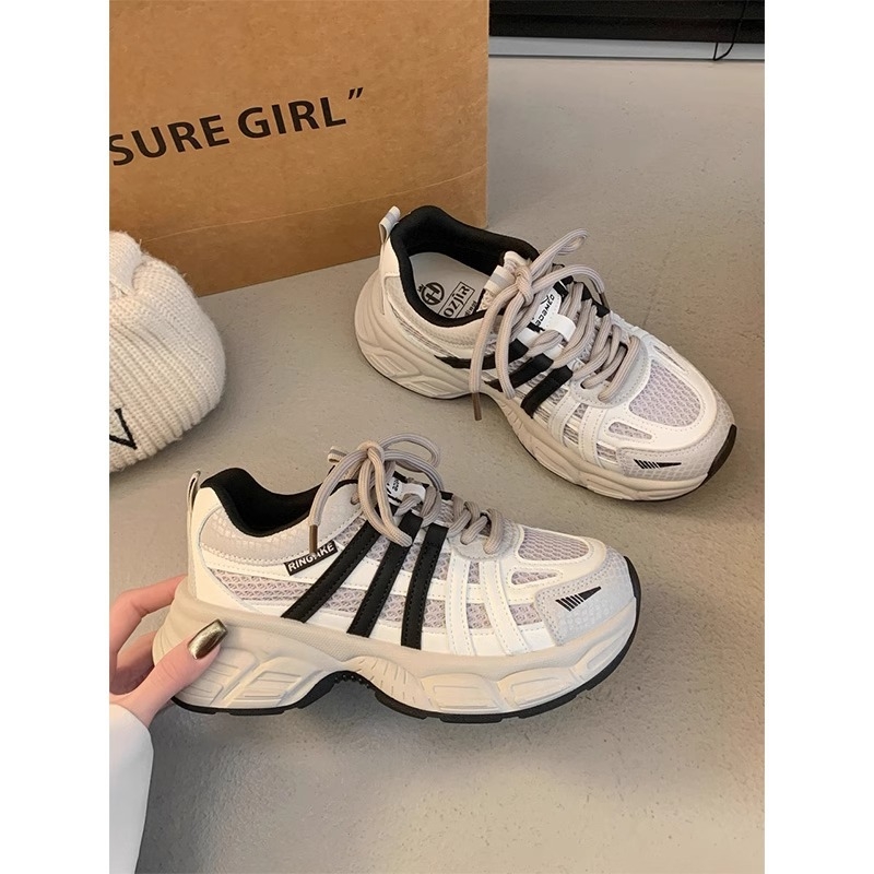 Ženske tenisice u korejskom stilu Dad Shoes s debelim potplatom, mrežasti gornji dio, zaobljeni vrh, vezanje sprijeda, srednje visoka peta 3–5 cm