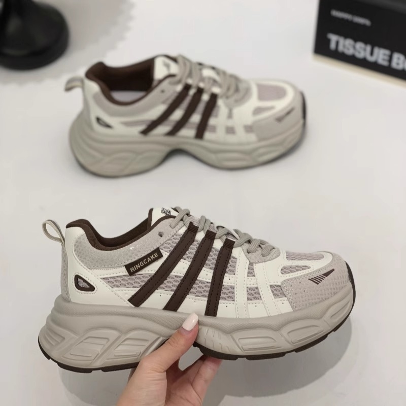 Ženske tenisice u korejskom stilu Dad Shoes s debelim potplatom, mrežasti gornji dio, zaobljeni vrh, vezanje sprijeda, srednje visoka peta 3–5 cm