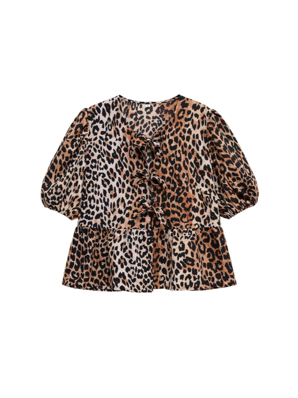 Bluza s leopard printom, kratki rukav, poliester, ovratnik s reverom, regular fit