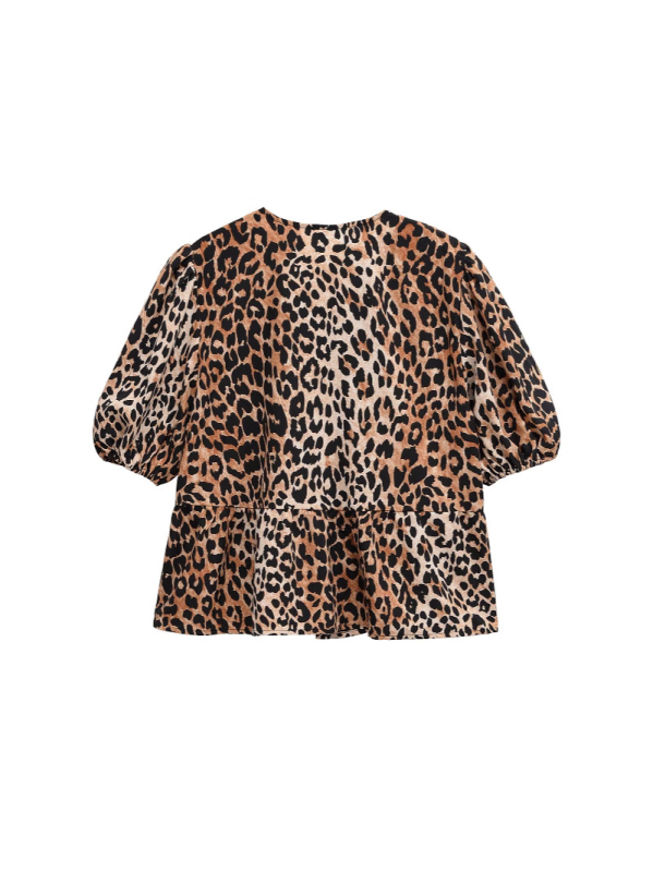 Bluza s leopard printom, kratki rukav, poliester, ovratnik s reverom, regular fit