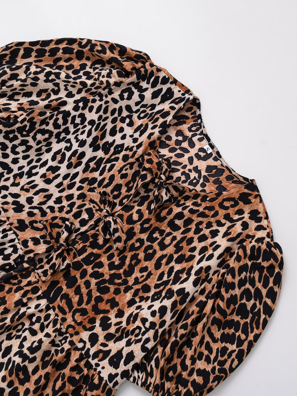 Bluza s leopard printom, kratki rukav, poliester, ovratnik s reverom, regular fit