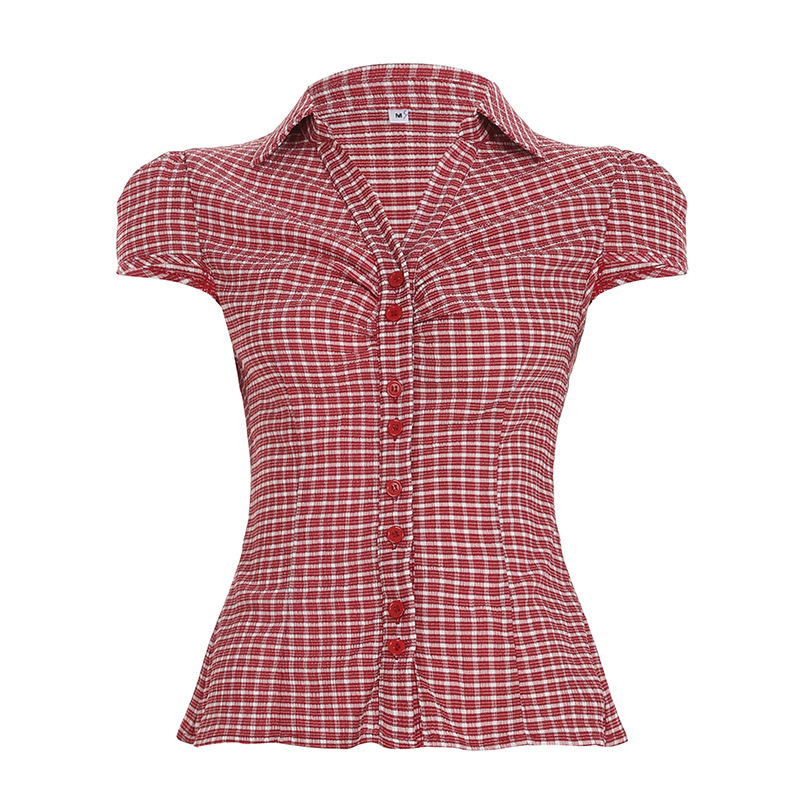 Košulja polo s kratkim rukavima, karirani uzorak, poliester-spandeks tkanina, slim fit, polo ovratnik