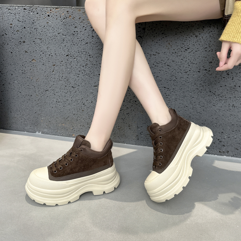 Ženske kožne casual tenisice za povećanje visine, vezanje, okrugli vrh, srednji podnož, EVA debeli đon 6 cm